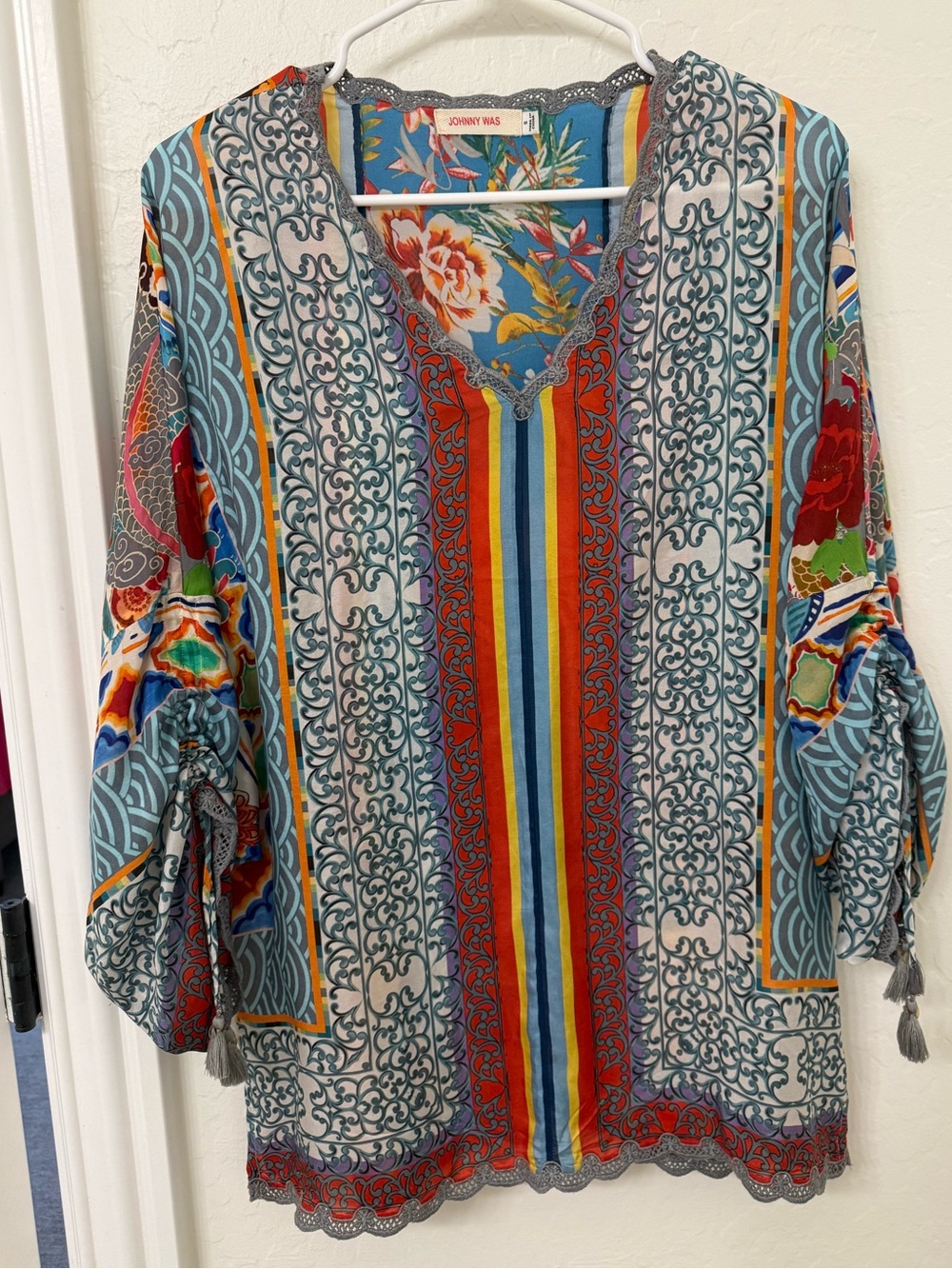 Johnny Was Blue Multicolor Striped Floral Tunic Top. Silk. LIKE NEW. S.